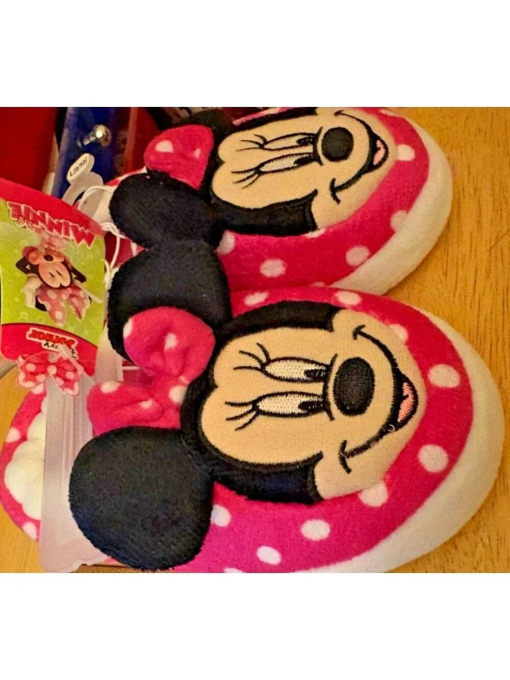 Girls Disney Jr Minnie Mouse Pink Polka Dots Slippers Plush Indoor Shoes L/9-10